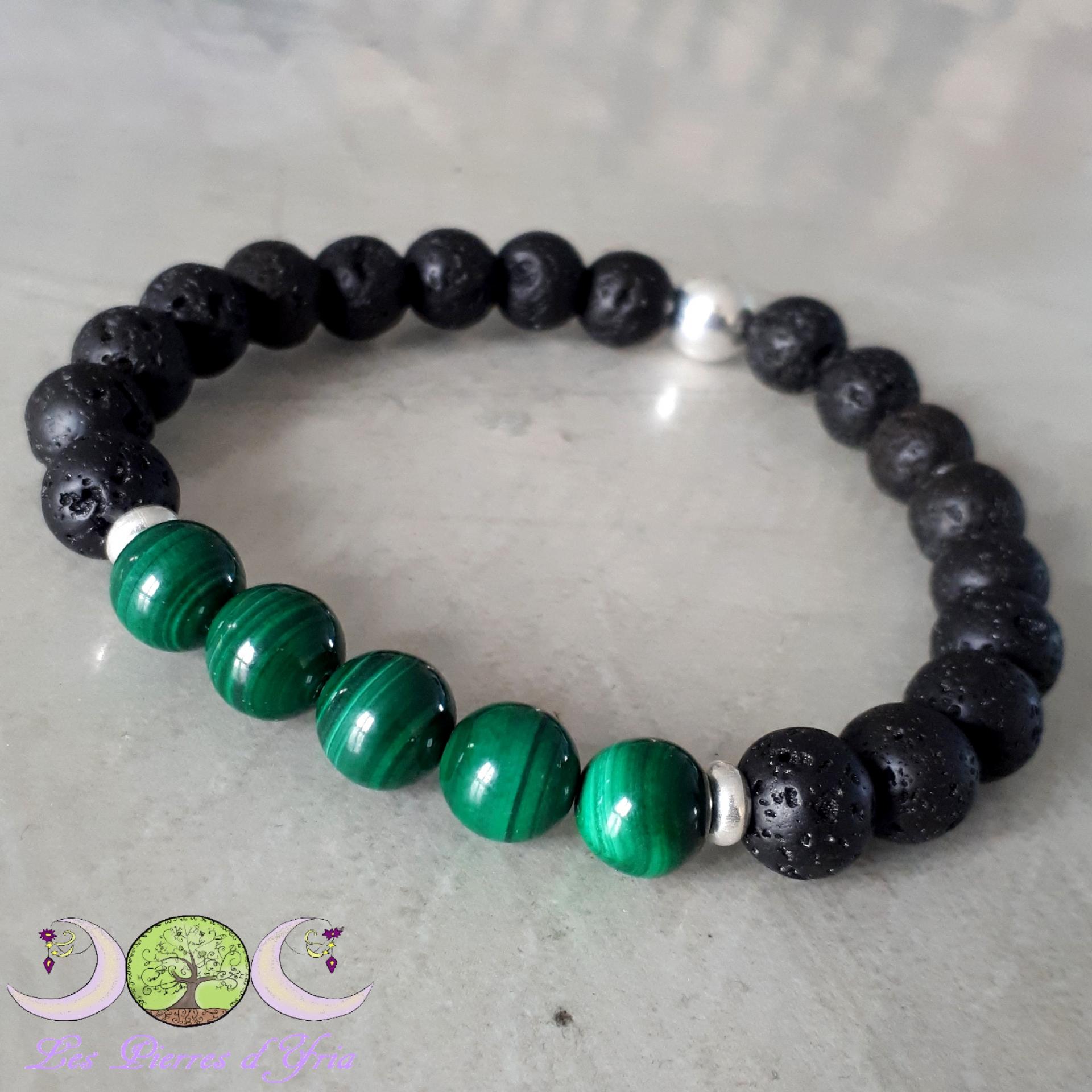 Bracelet de perles pierre de Lave et Malachite, Sur mesure pour Homme ou  Femme