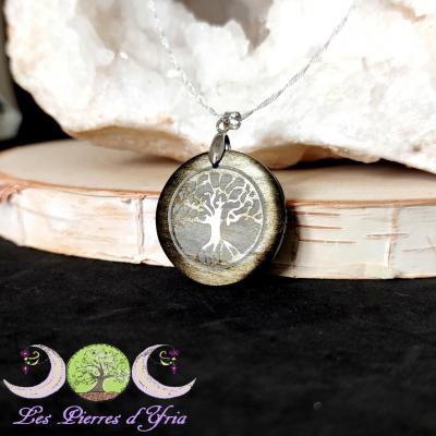 Pendentif Arbre de Vie Obsidienne Dorée