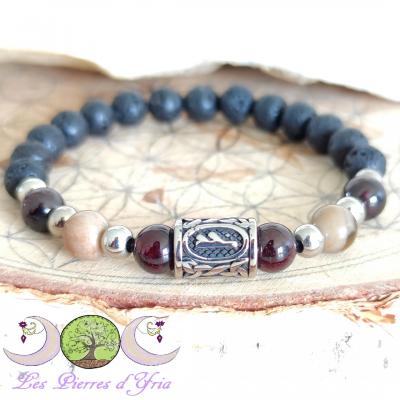 Bracelet Grenat, Bois Fossile & Pierre de Lave avec rune 