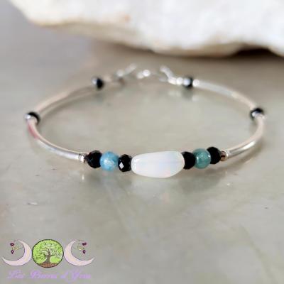 Bracelet Opale Welo, Tourmaline bleue & Spinelle noir