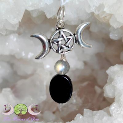 Pendentif Obsidienne noire, Labradorite, Triple Lune, Pentacle