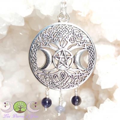 Pendentif Tanzanite, Cordiérite, Triple Lune, Arbre de Vie & Pentacle