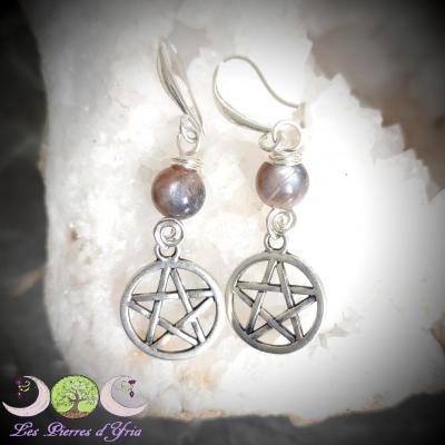 Boucles d'oreilles Pierre de Lune Noire & Pentacle